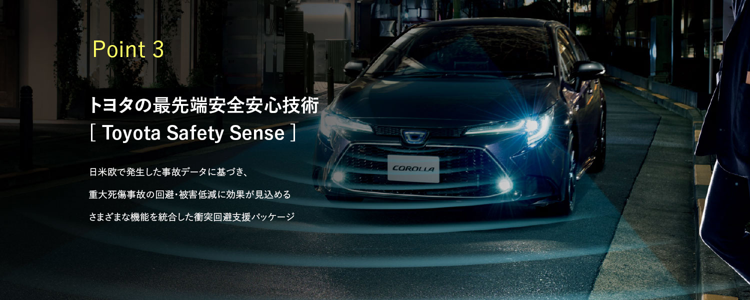 Point 3　トヨタの最先端安全安心技術[Toyota Safety Sense]　日米欧で発生した事故データに基づき、重大死傷事故の回避・被害低減に効果が見込めるさまざまな機能を統合した衝突回避支援パッケージ