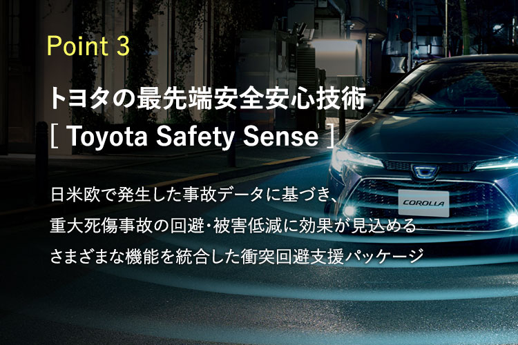 Point3　トヨタの最先端安全安心技術[Toyota Safety Sense]　日米欧で発生した事故データに基づき、重大死傷事故の回避・被害低減に効果が見込めるさまざまな機能を統合した衝突回避支援パッケージ
